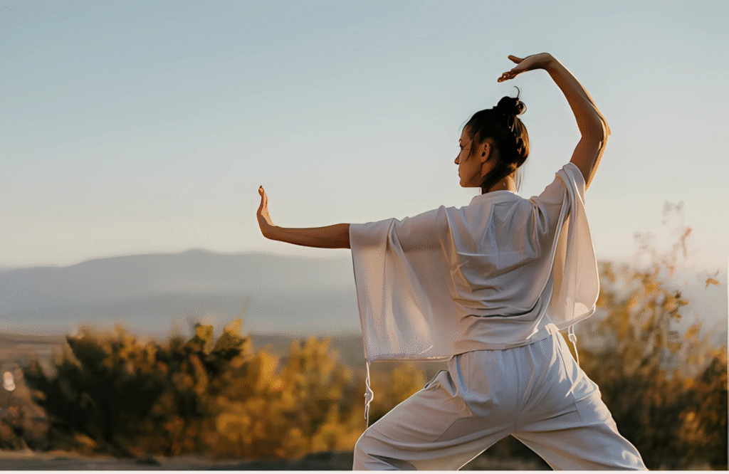 Tai Chi silhouette at sunrise, holistic movement art