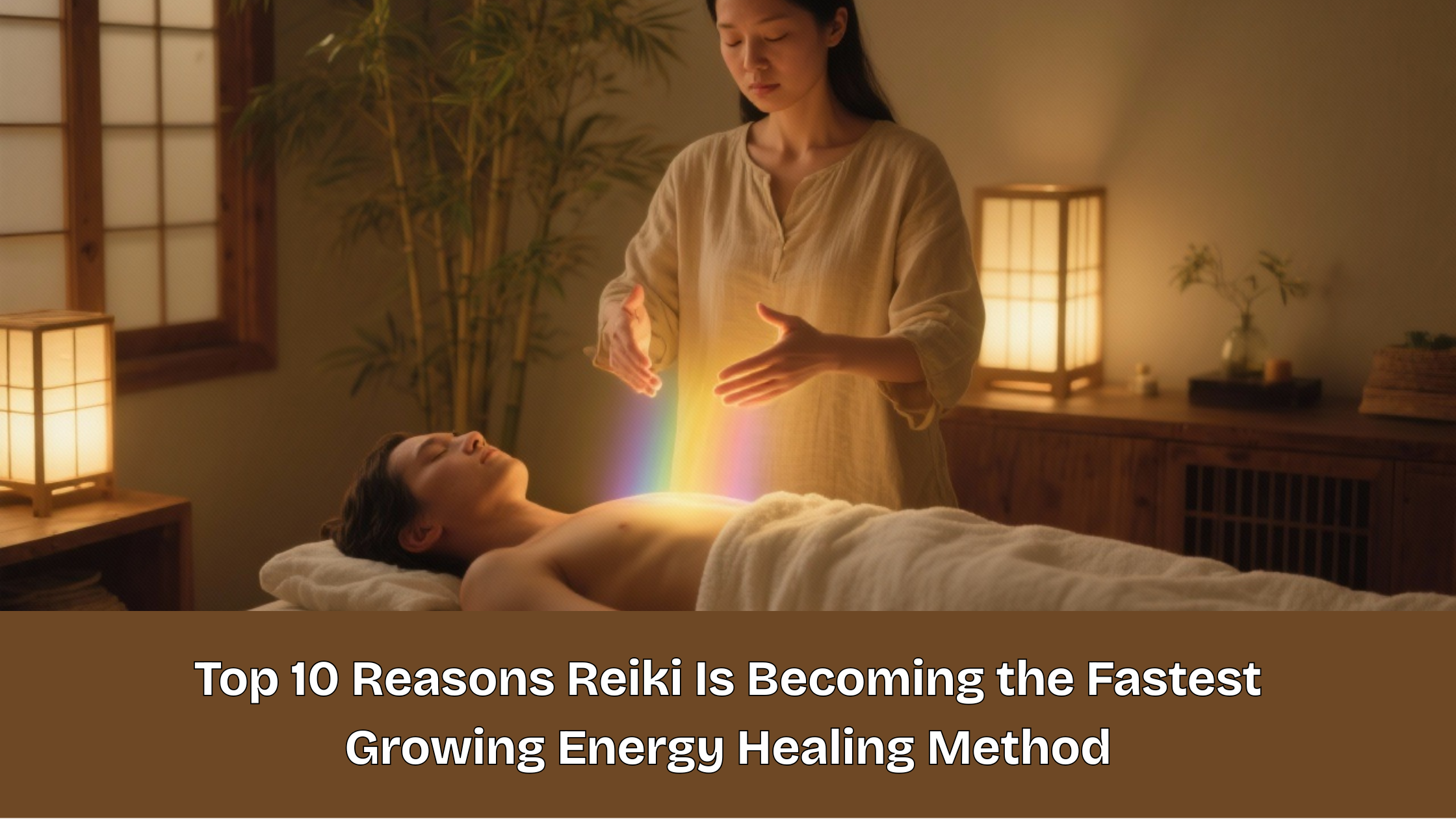 A Reiki healer performing energy healing with glowing rainbow light during a Reiki session in a calming wellness room; holistic healing, chakra balancing, and spiritual therapy environment.