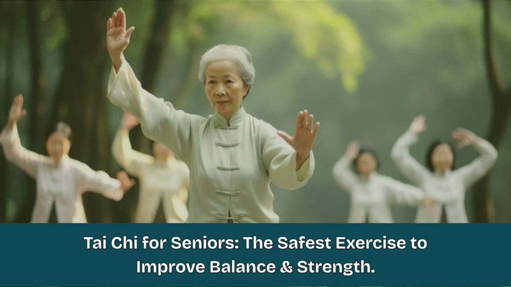 Senior woman practicing Tai Chi in a peaceful outdoor setting with a group, demonstrating gentle balance and movement exercises for seniors in Mumbai.