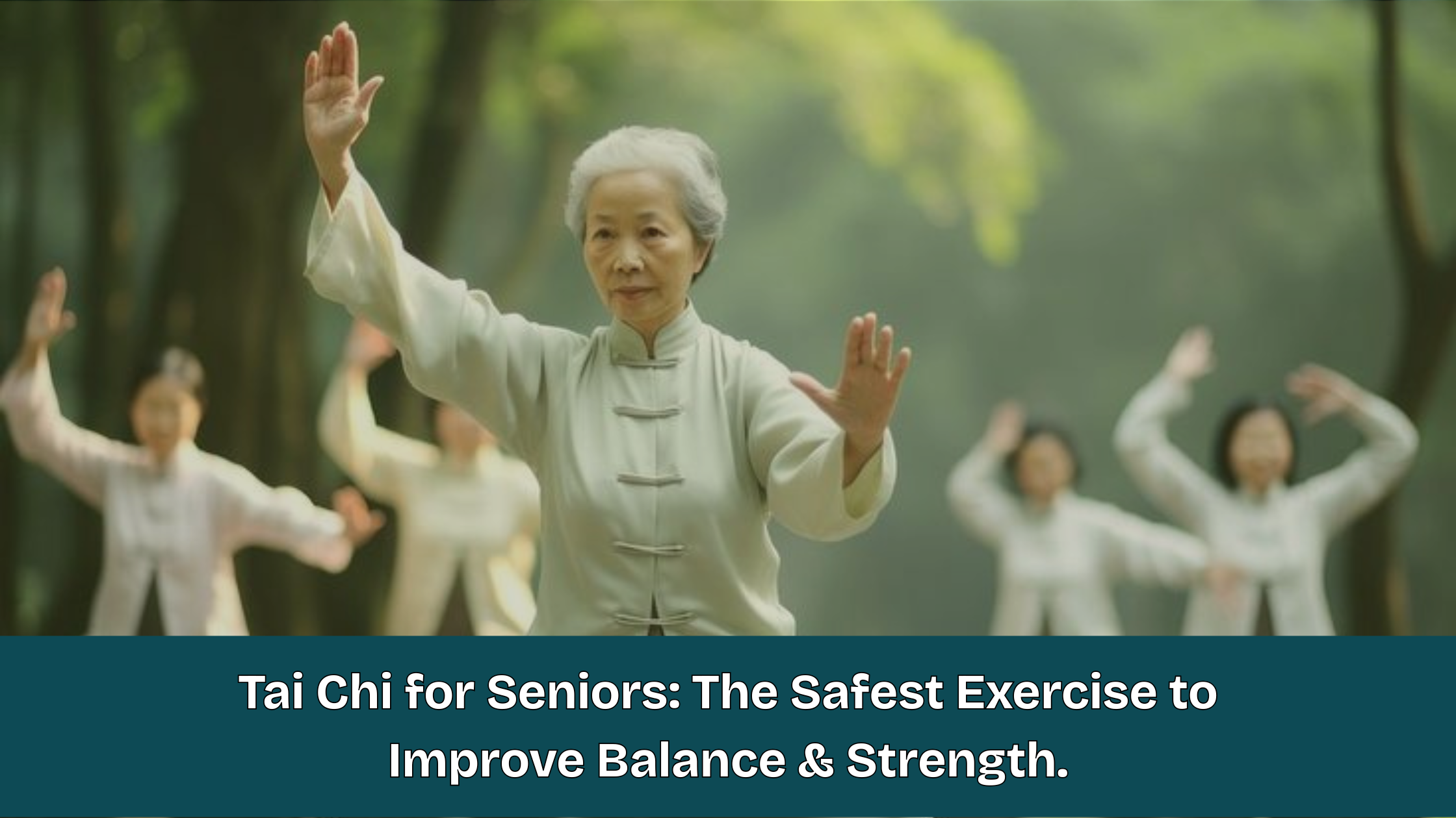 Senior woman practicing Tai Chi in a peaceful outdoor setting with a group, demonstrating gentle balance and movement exercises for seniors in Mumbai.