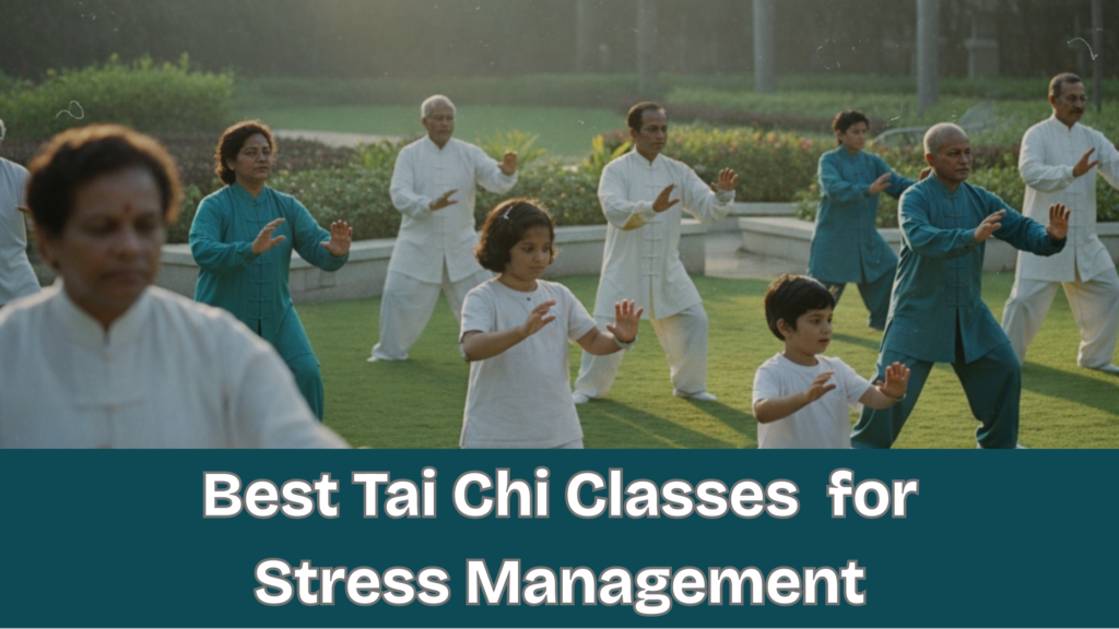 Indian seniors and children practicing Tai Chi together in a Mumbai garden during morning sunlight – Best Tai Chi classes for stress management and mental wellness at Finding InnerSelf.