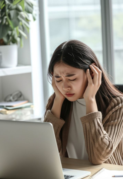 Stressed young woman holding her head while working on a laptop, showing work stress, anxiety, and mental fatigue in a home office.