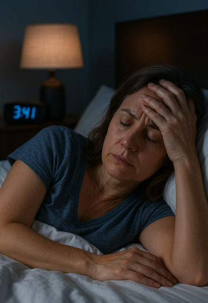 Woman lying awake in bed at night with insomnia and stress, holding her head while a digital clock shows 3:41 AM.
