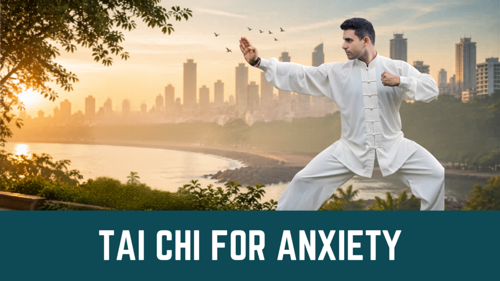Person practicing Tai Chi for anxiety relief in Mumbai with city skyline, representing stress relief and calm lifestyle, best Tai Chi centre in Mumbai